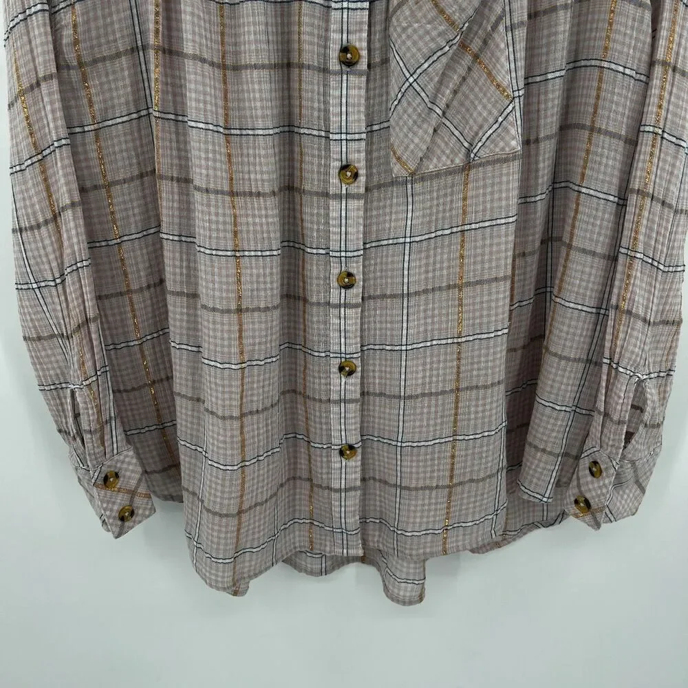 FREE PEOPLE Pink Rose Gold Metallic Plaid Oversized Gauzy Button Up Shirt XS